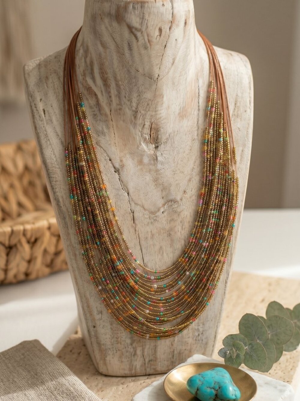 Seed Bead Multi Strand Statement Necklace Boho Western Multicolor Gold 18" - Picture 9 of 15